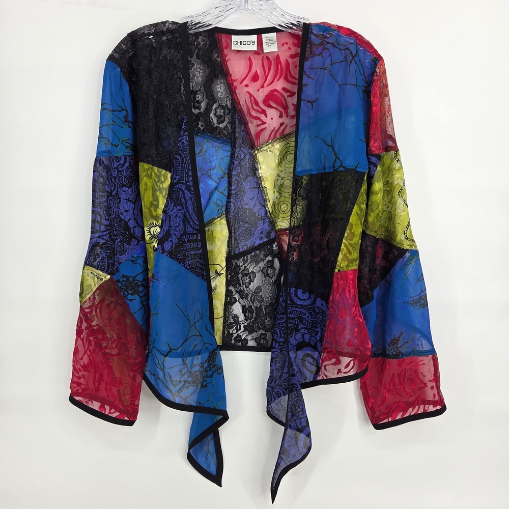 Vintage Chico's Silk Blend Patchwork Tie Front Top 1 M Blue Red Boho Art Sheer